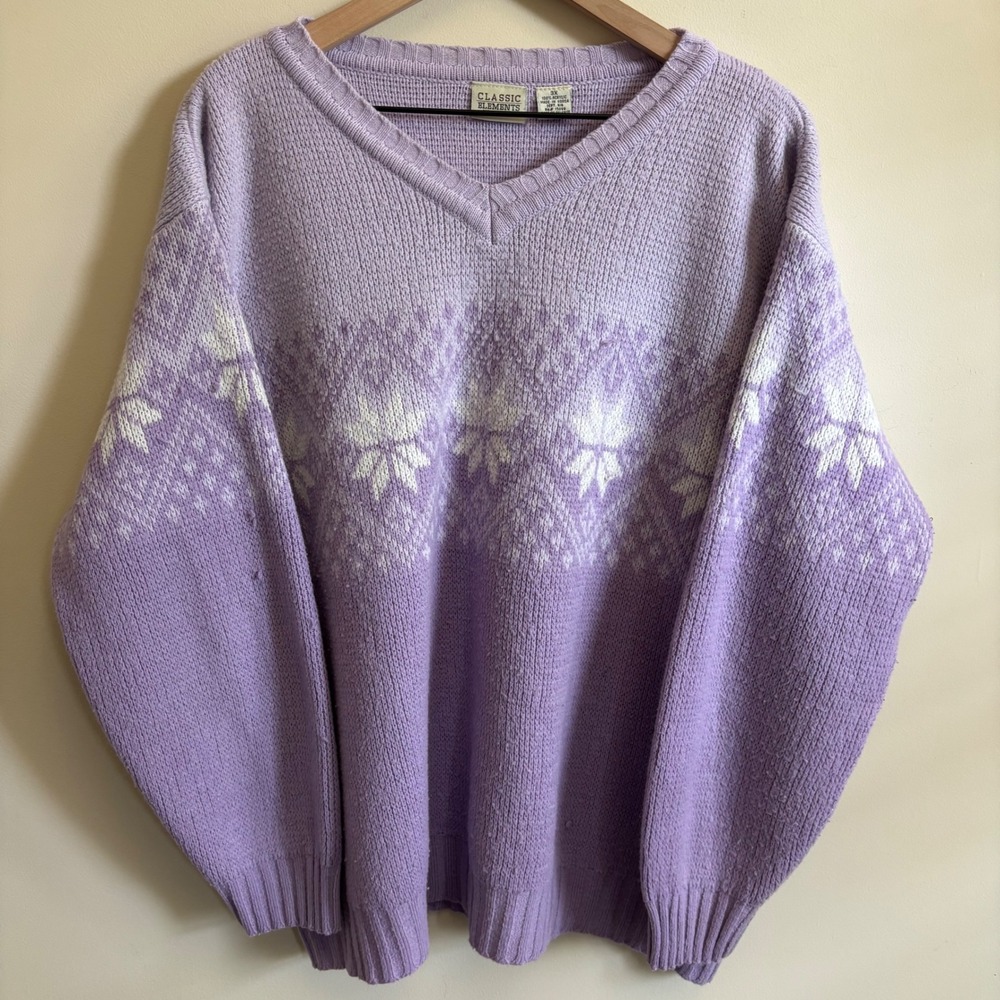 Classic Elements Woman Vintage Lavender Purple Fair Isle Snowflake Sweater 3X